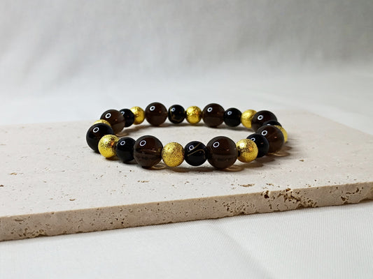 smoky quartz bracelet, gold beaded jewelry, black and gold bracelet, gemstone jewelry, luxury handmade bracelet