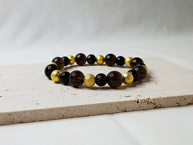 smoky quartz bracelet, gold beaded jewelry, black and gold bracelet, gemstone jewelry, luxury handmade bracelet