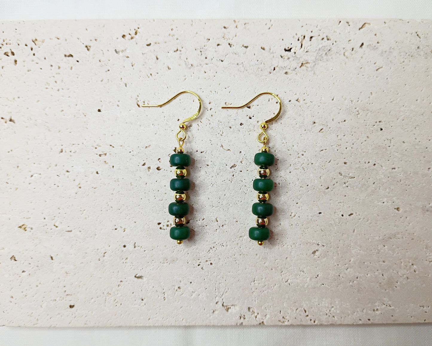 green gemstone earrings, gold accent jewelry, handmade statement earrings, trendy earrings, bold beaded jewelry