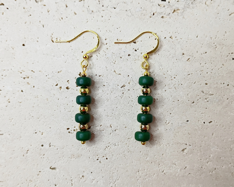 green gemstone earrings, gold accent jewelry, handmade statement earrings, trendy earrings, bold beaded jewelry
