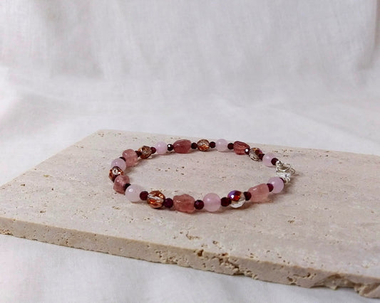 Rose Quartz Beads, Strawberry Quartz Beads, Red Garnet Beads, Amber Faceted Czech Glass Beads bracelet