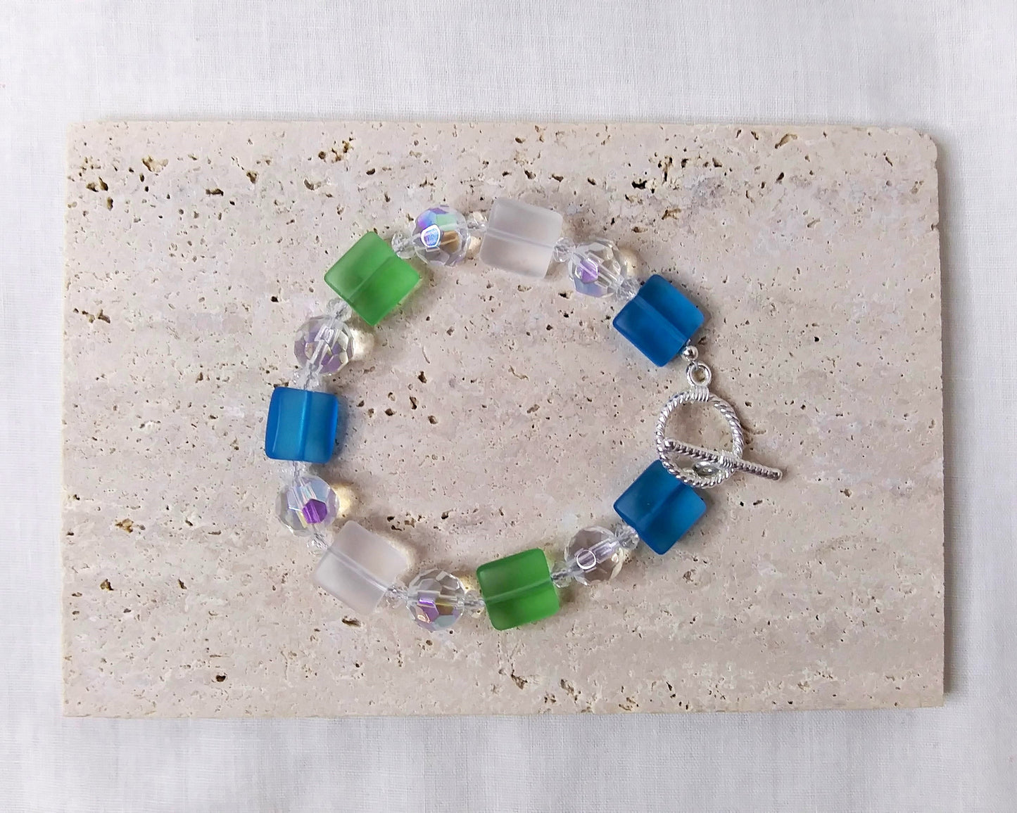 square shaped beads in blue and green bracelet with toggle clasp
