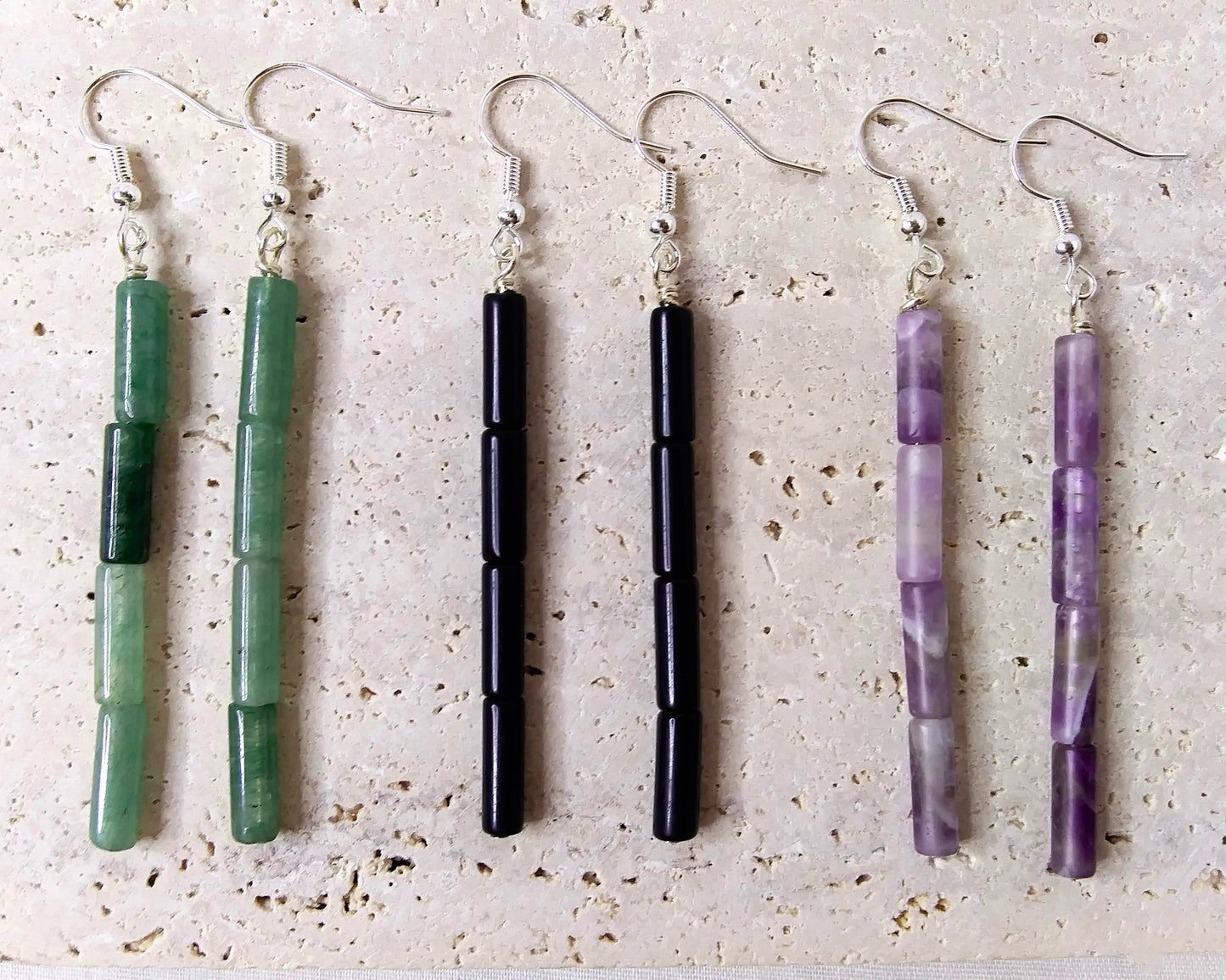 gemstone tube Amethyst, Green Aventurine and Black Jasper, gemstone earrings dangle, long earrings dangle, long gemstone earrings