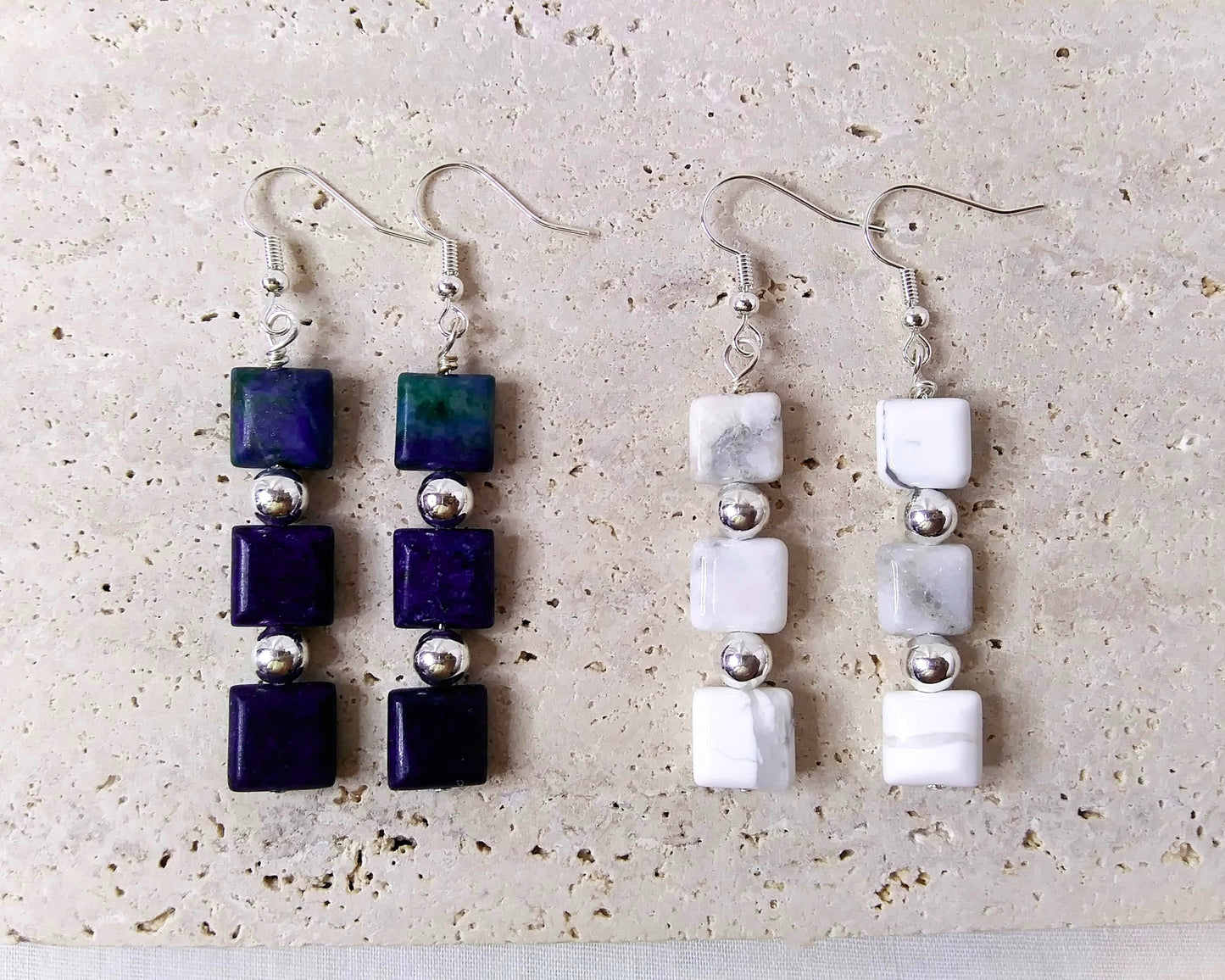 Gemstone Silver Dangle Earrings Howlite or Chrysocolla
