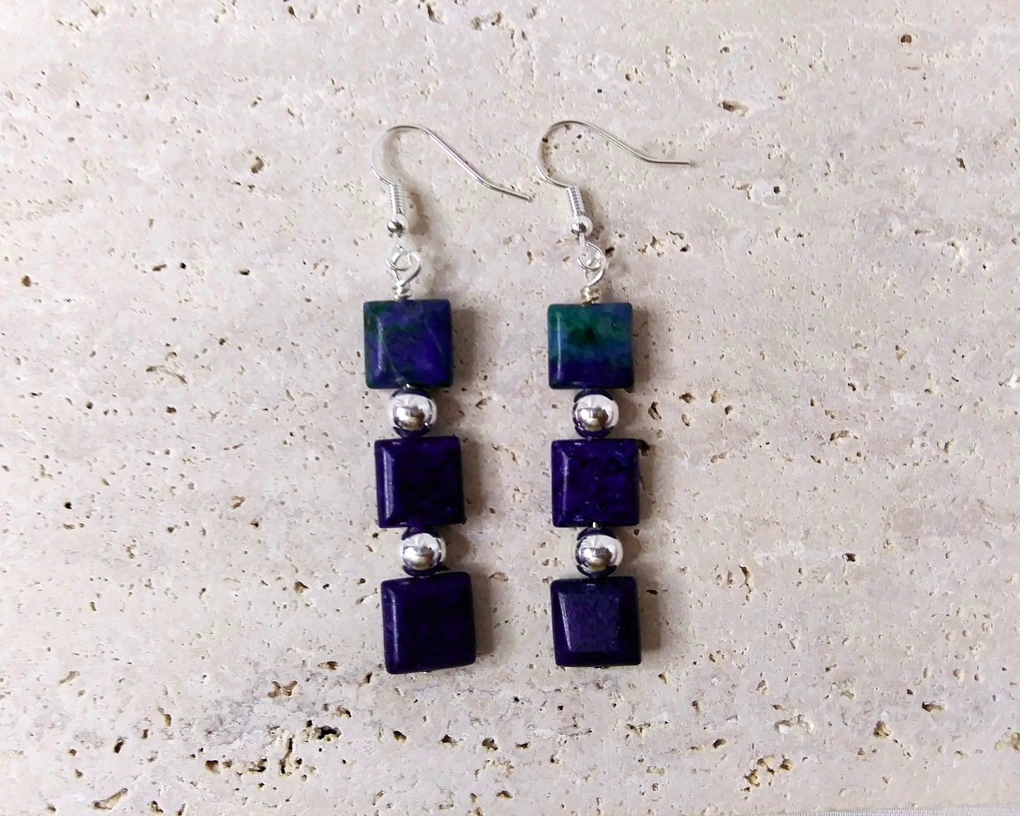 Gemstone Silver Dangle Earrings Howlite or Chrysocolla