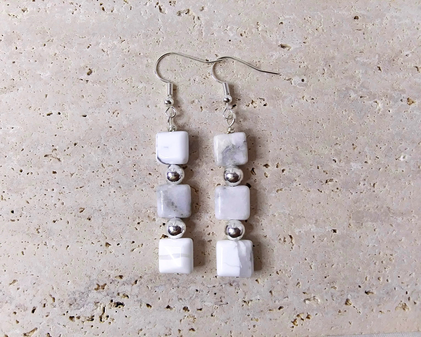 Gemstone Silver Dangle Earrings Howlite or Chrysocolla