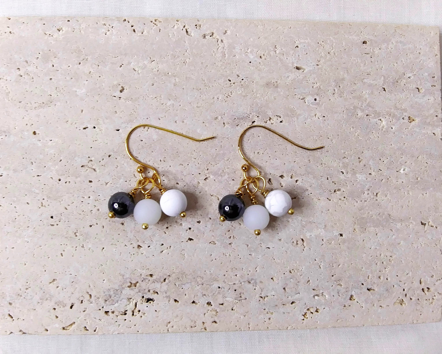 Hematite and Howlite, & White Glass beads earrings