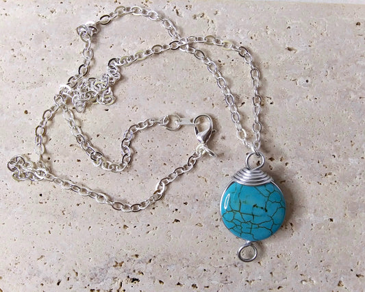 howlite pendant, blue howlite, howlite necklace, turquoise necklace, silver and blue pendant necklace