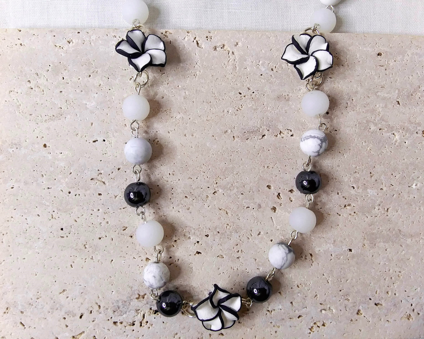 Gemstone Necklace, Silver Necklace, Hematite, howlite, white glass beads. Poly clay flower shape beads, flower necklace, gift for her, cool necklace