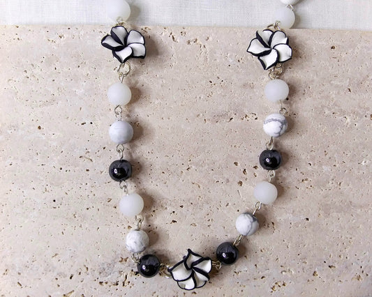 Gemstone Necklace, Silver Necklace, Hematite, howlite, white glass beads. Poly clay flower shape beads, flower necklace, gift for her, cool necklace