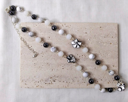 Gemstone Necklace, Silver Necklace, Hematite, howlite, white glass beads. Poly clay flower shape beads, flower necklace, gift for her, cool necklace