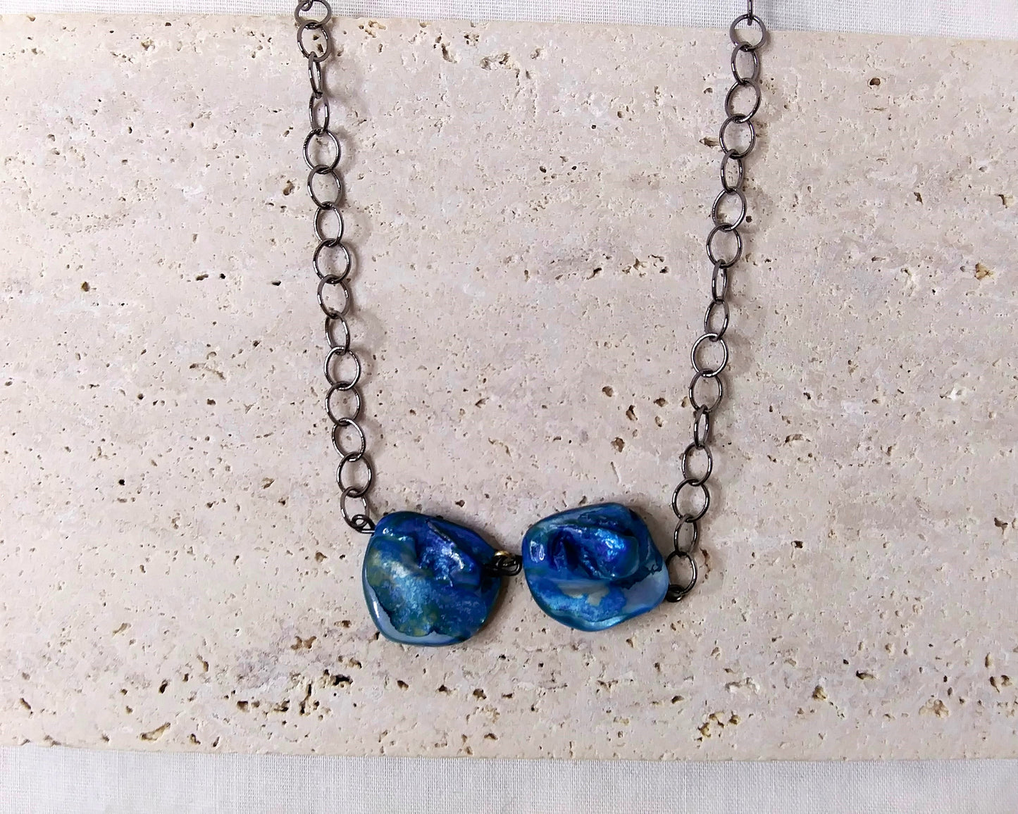 Blue Shell Bead Gunmetal Necklace.