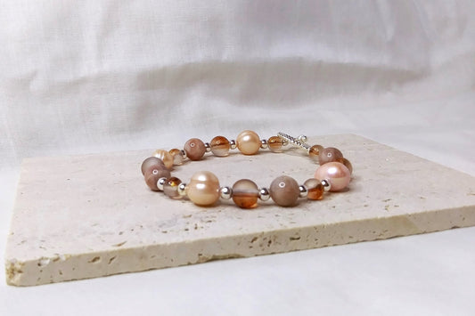 Peach Pearl Beads, Sunstone Beads, Glass Beads toggle clasp bracelet