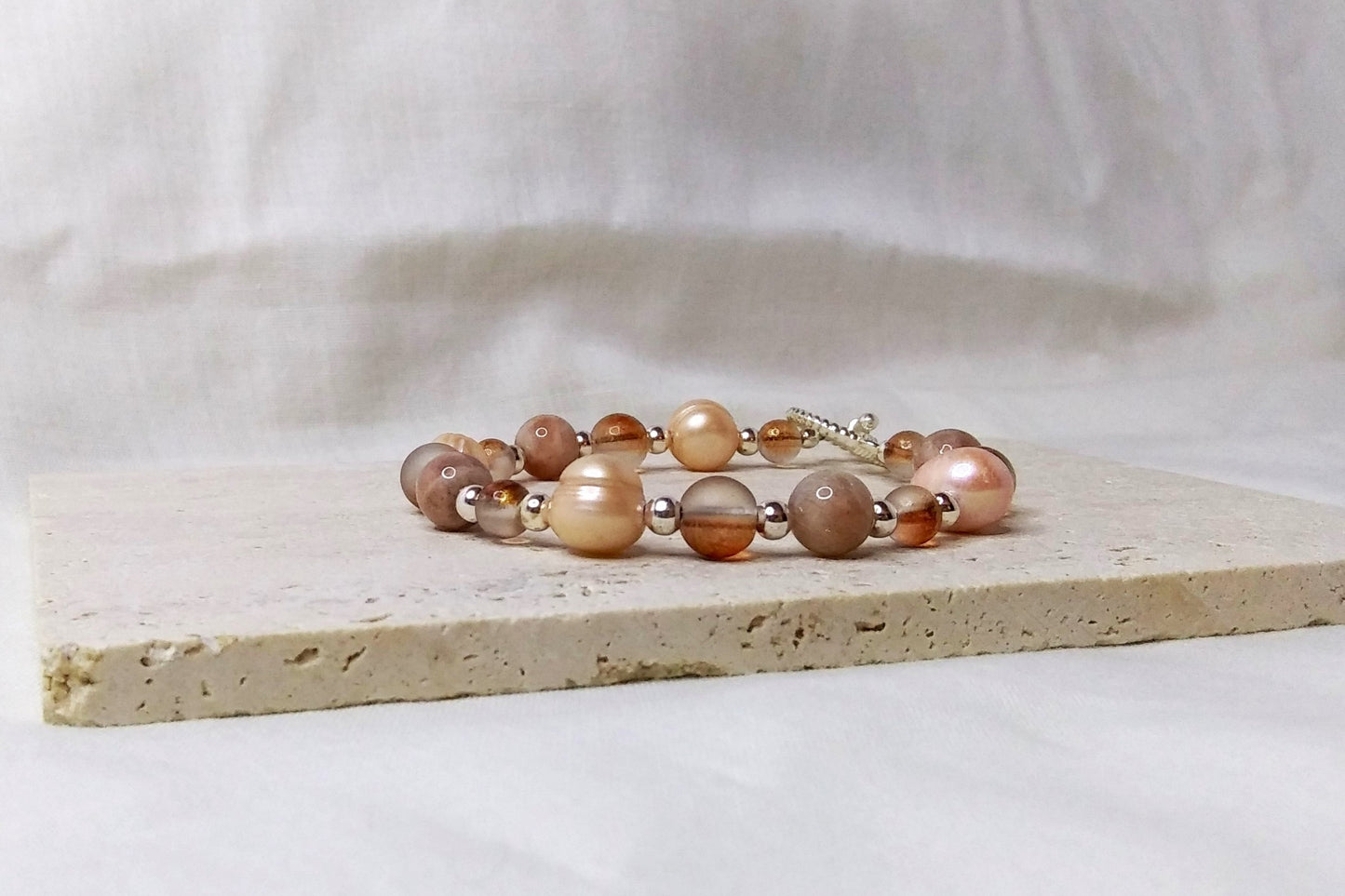 Peach Pearl Beads, Sunstone Beads, Glass Beads toggle clasp bracelet