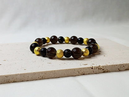 smoky quartz bracelet, gold beaded jewelry, black and gold bracelet, gemstone jewelry, luxury handmade bracelet