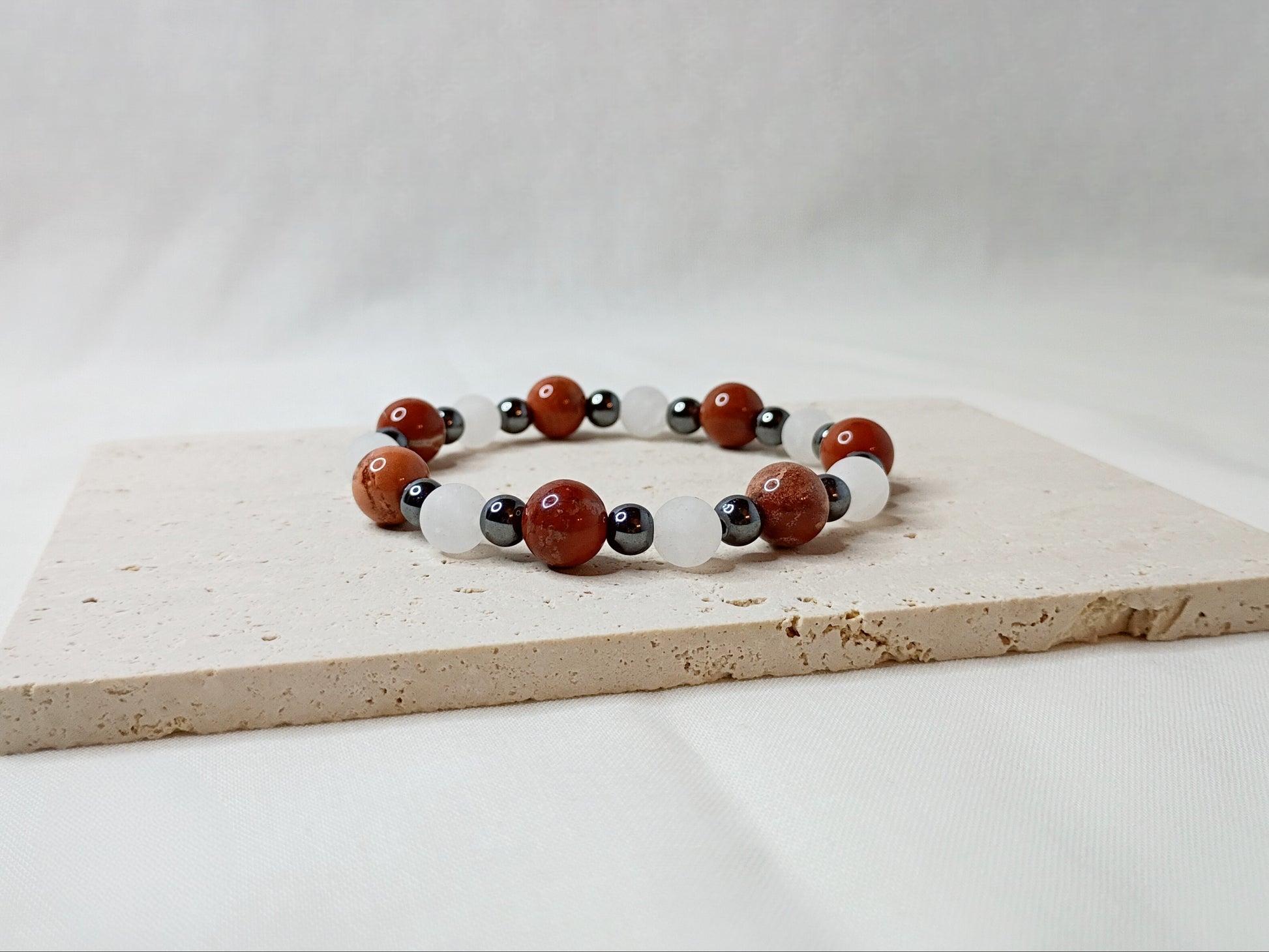 cappuccino jasper bracelet, white jade bracelet, hematite jewelry, gemstone bracelet, handmade beaded jewelry