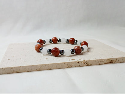 cappuccino jasper bracelet, white jade bracelet, hematite jewelry, gemstone bracelet, handmade beaded jewelry