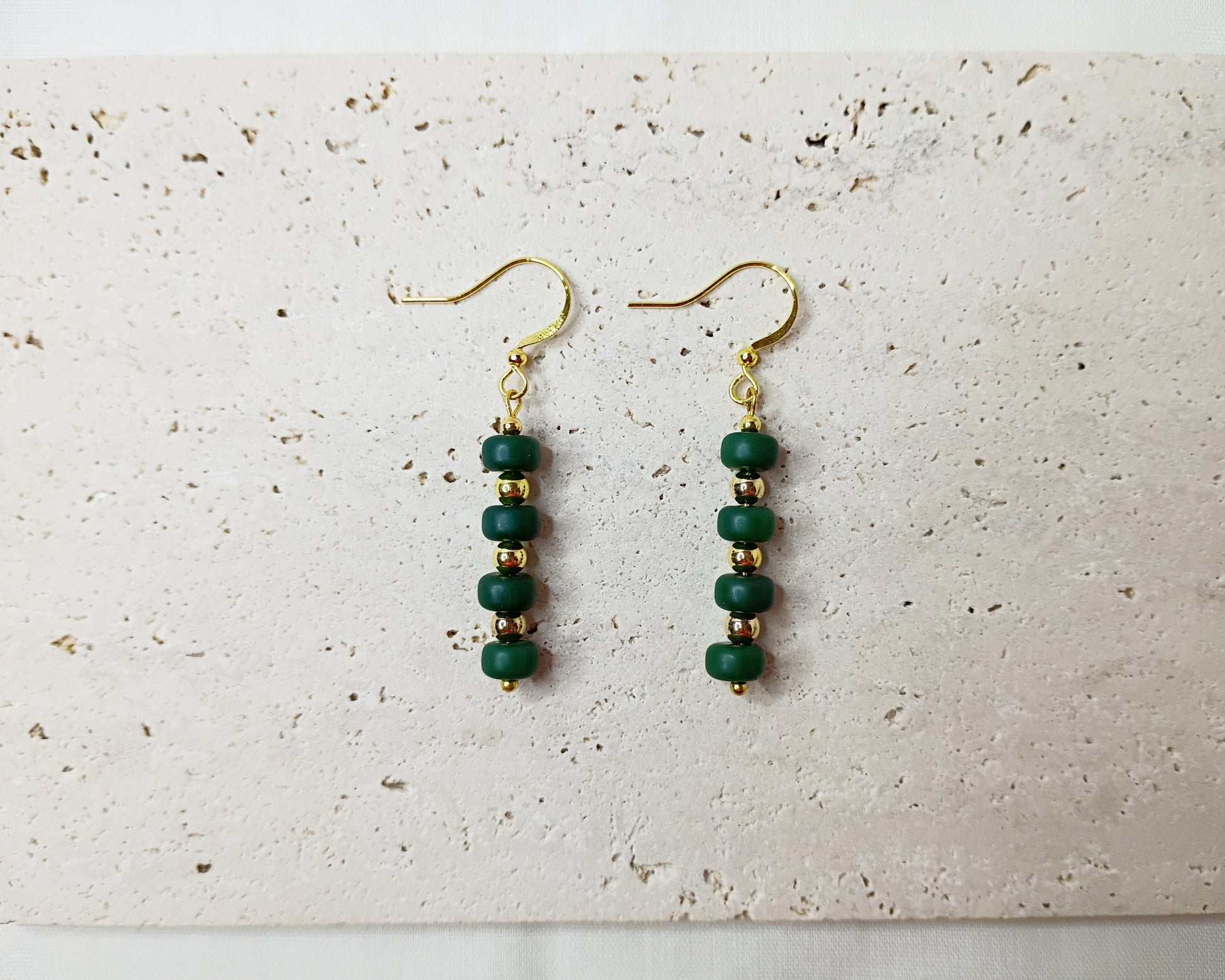 green gemstone earrings, gold accent jewelry, handmade statement earrings, trendy earrings, bold beaded jewelry