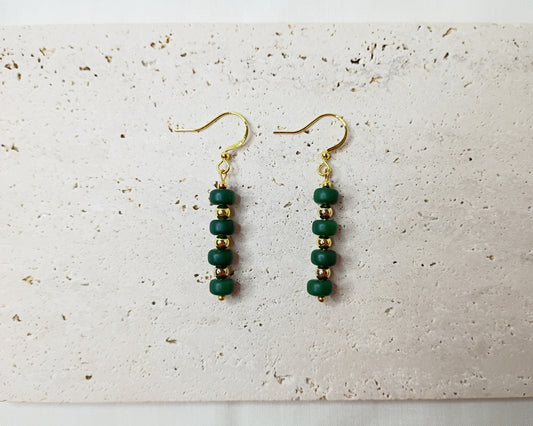 green gemstone earrings, gold accent jewelry, handmade statement earrings, trendy earrings, bold beaded jewelry