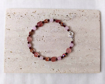 Rose Quartz Beads, Strawberry Quartz Beads, Red Garnet Beads, Amber Faceted Czech Glass Beads bracelet