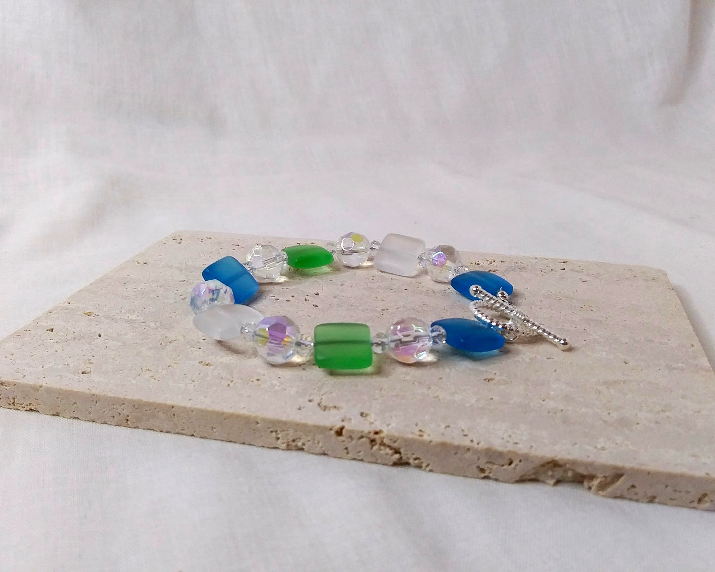 square shaped beads in blue and green bracelet with toggle clasp