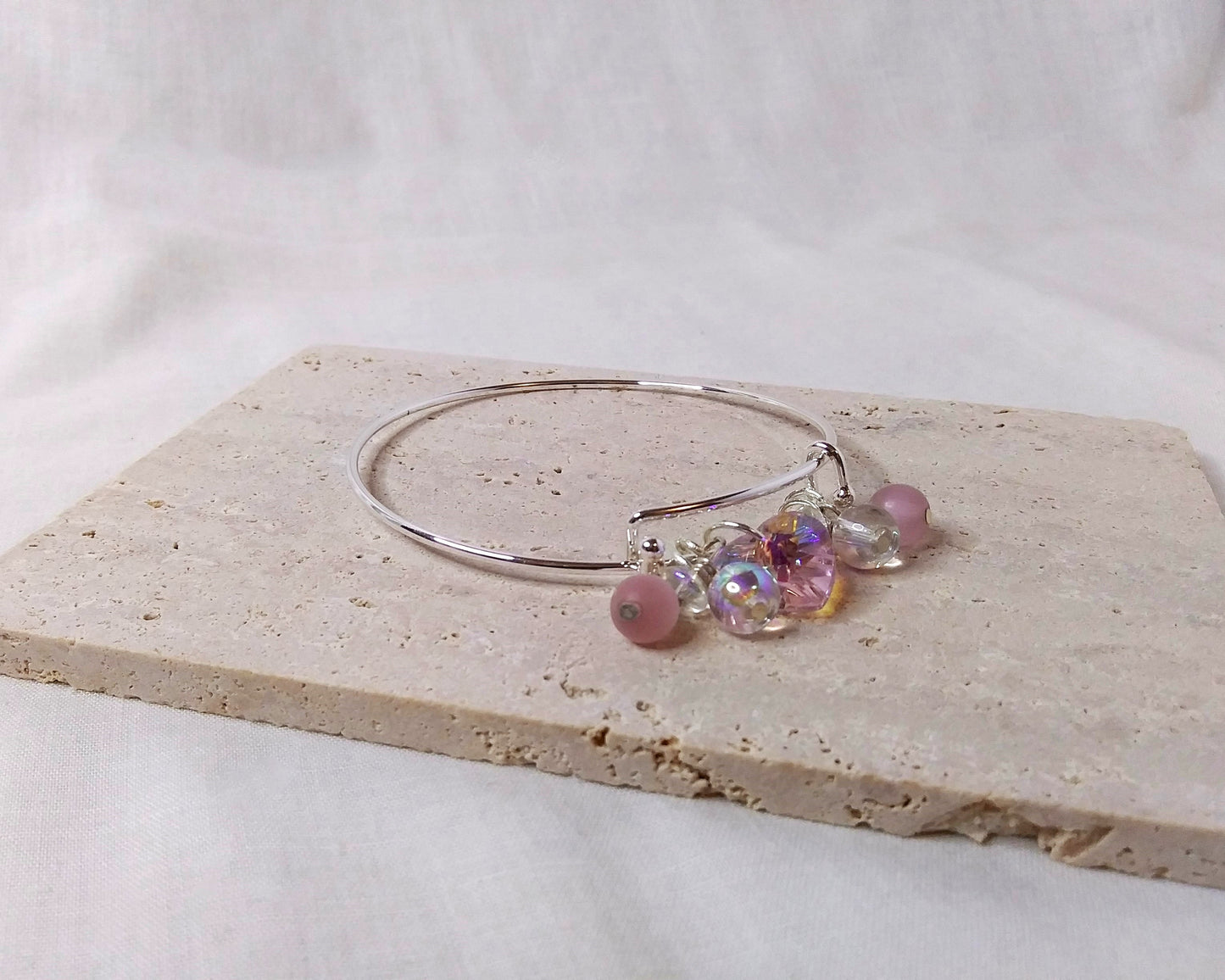 Pink and silver beaded bangle bracelet