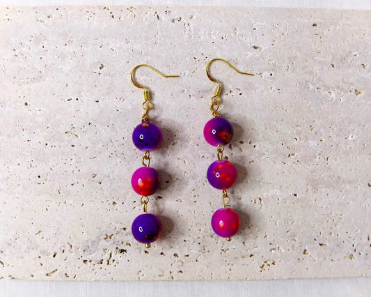 Pink Purple Dangle Earrings, Gold Earrings