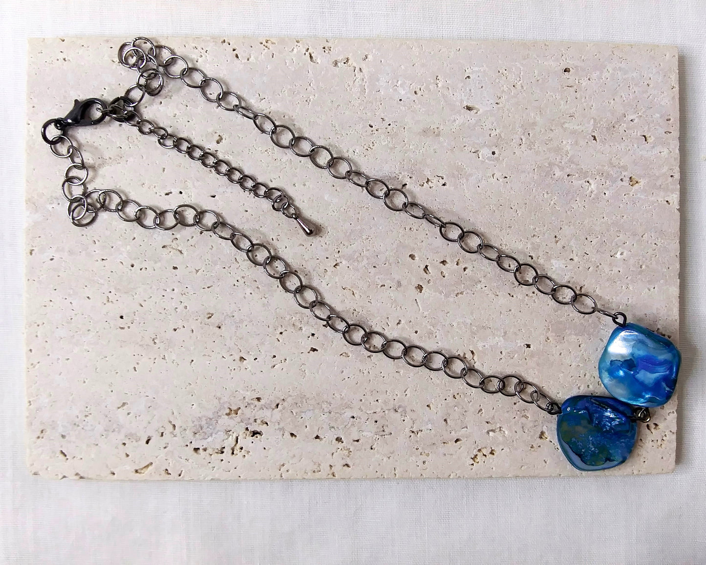 Blue Shell Bead Gunmetal Necklace.