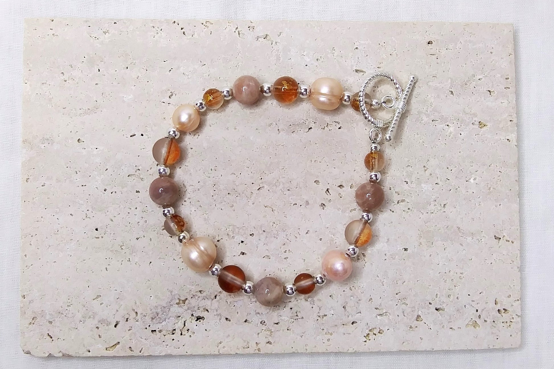 Peach Pearl Beads, Sunstone Beads, Glass Beads toggle clasp bracelet