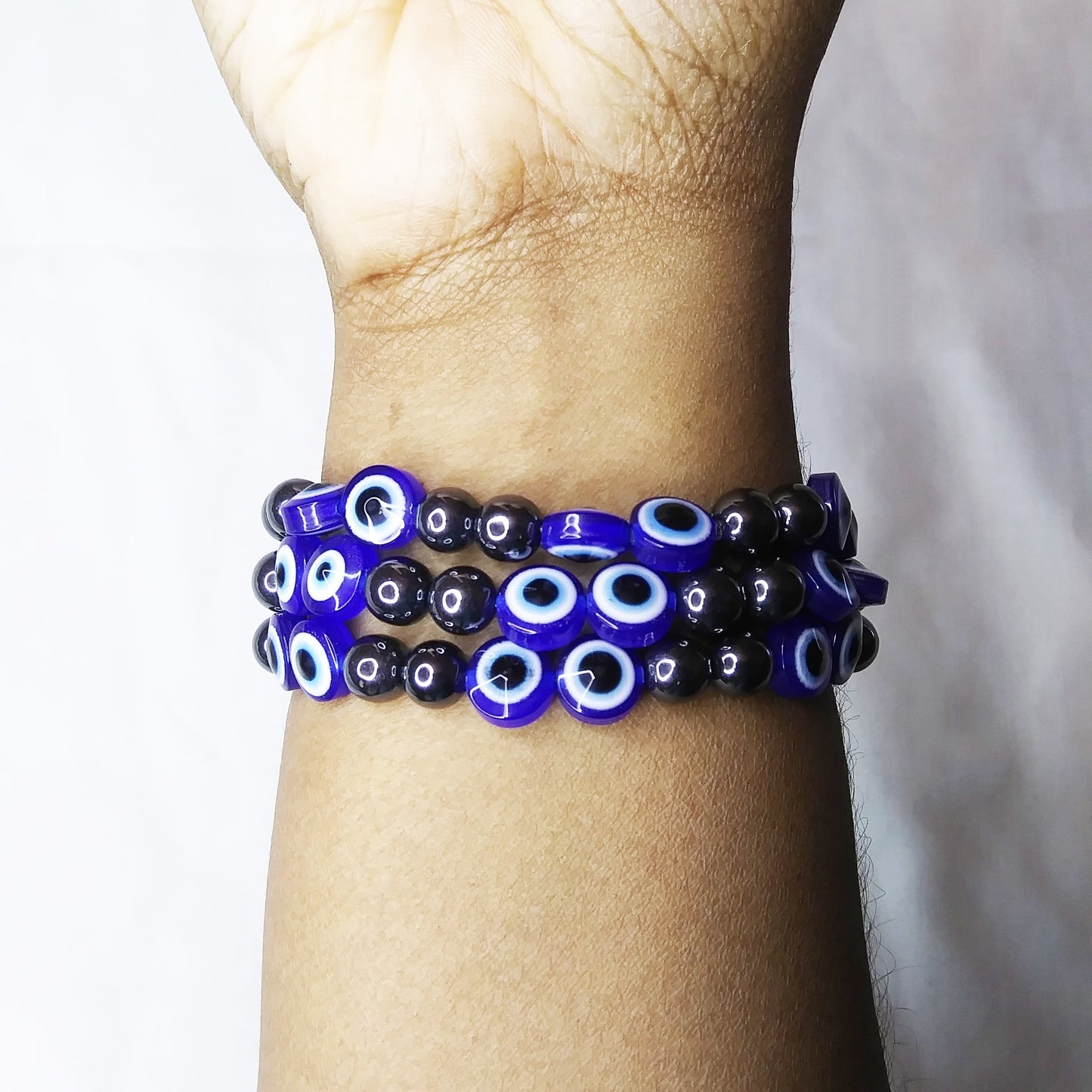 Glass Beads, Hematite Beads stretch stackable evil eye bracelet