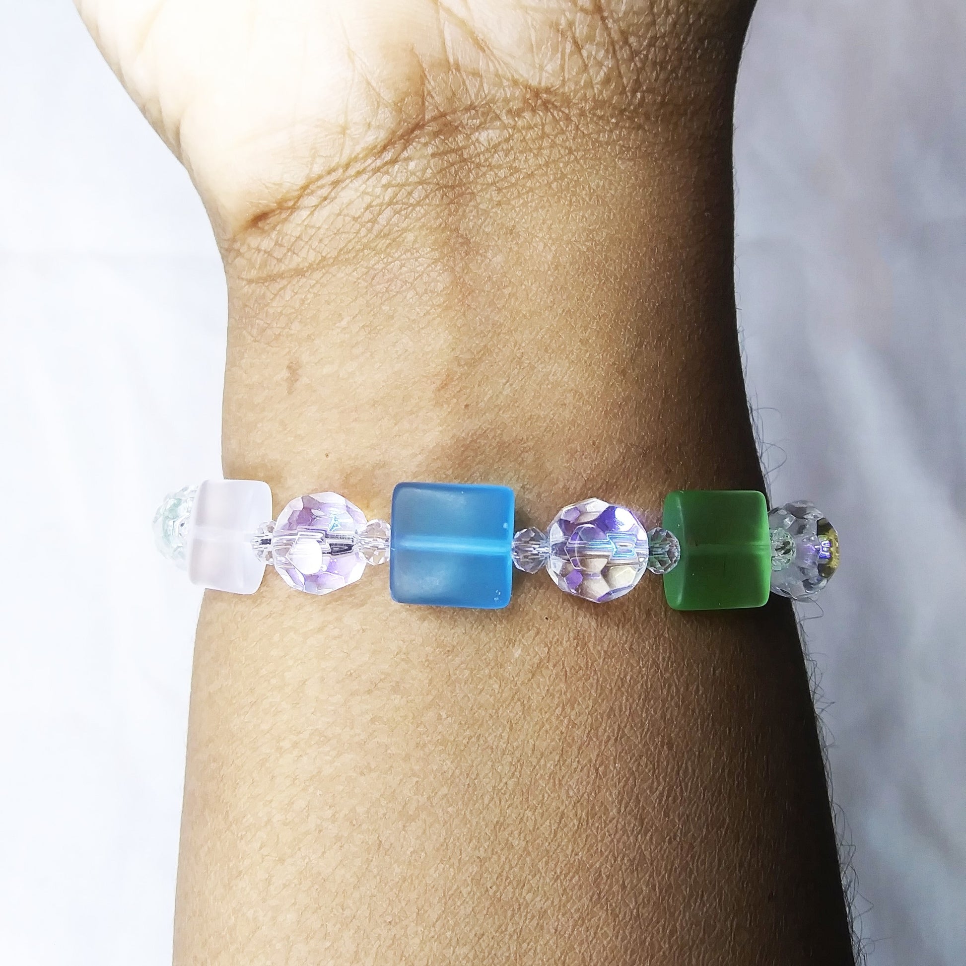 square shaped beads in blue and green bracelet with toggle clasp