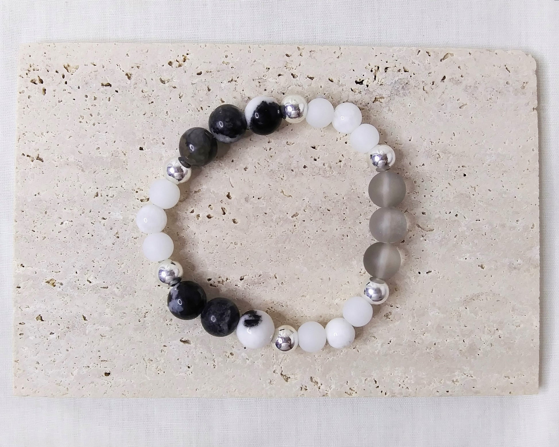 Light gray beads, White Moonstone beads, Black Zebra stone beads stretch stackable bracelet