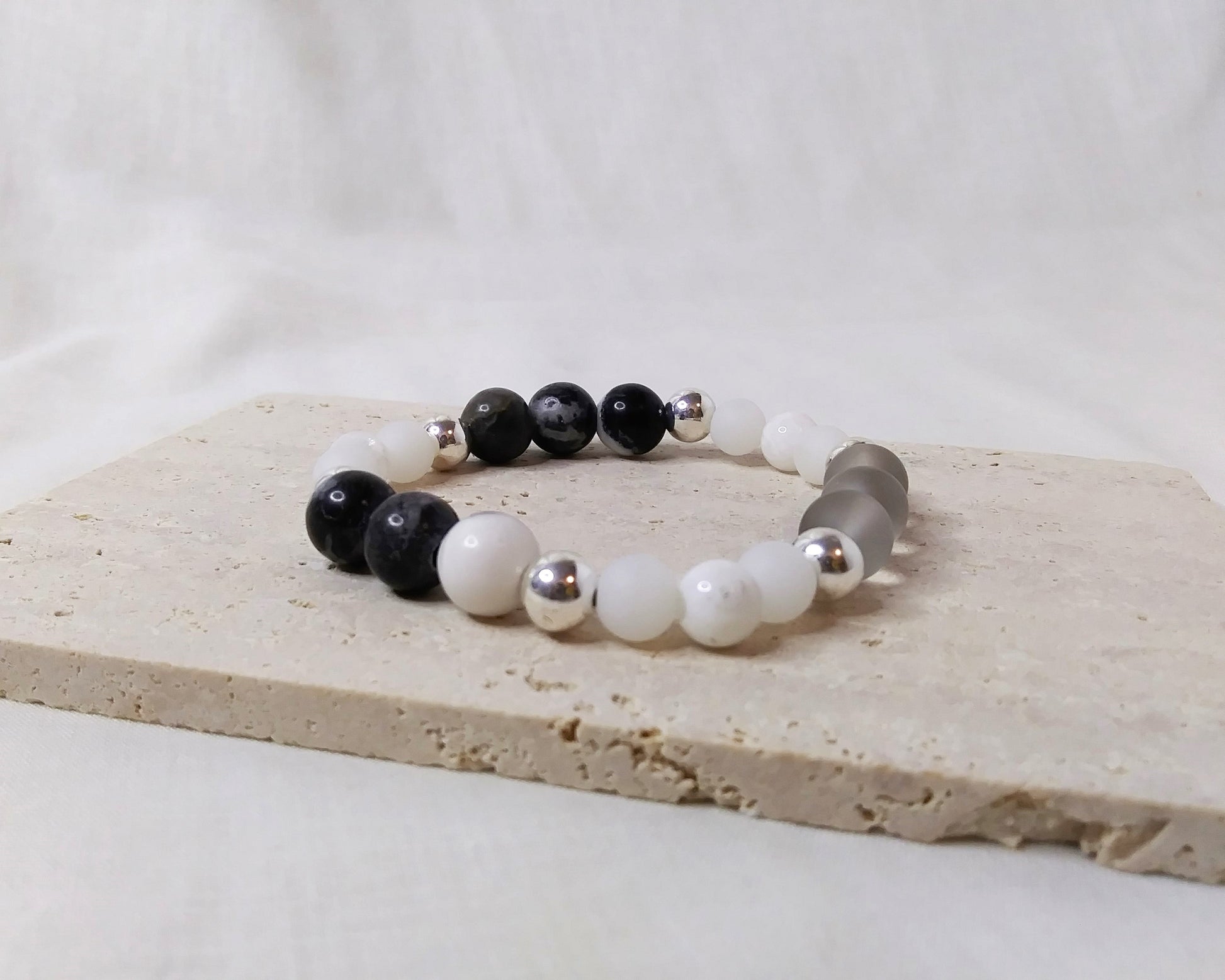 Light gray beads, White Moonstone beads, Black Zebra stone beads stretch stackable bracelet