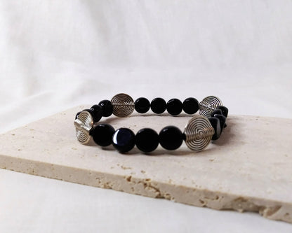 Stretch Stackable Black and Silver Bracelet with Spiral Design