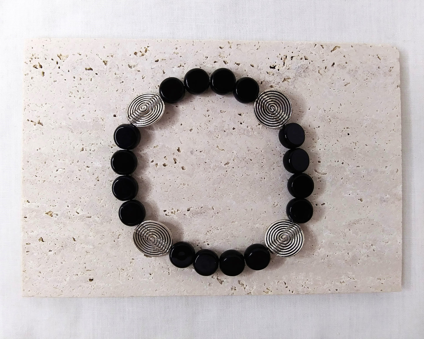 Stretch Stackable Black and Silver Bracelet with Spiral Design