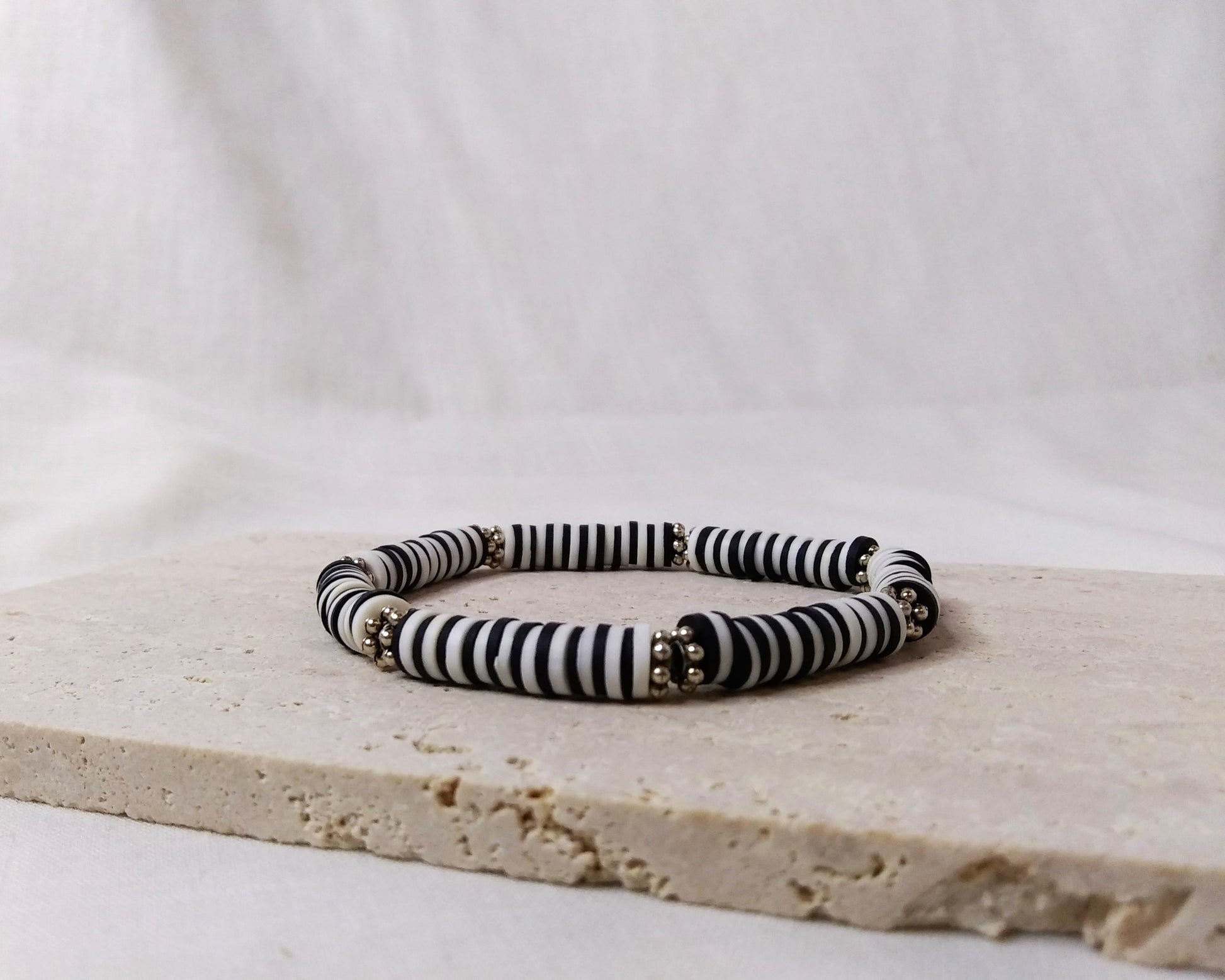 Poly Clay Heishi Beads, Silver Plated Disc Beads zebra pattern stretch stackable bracelet
