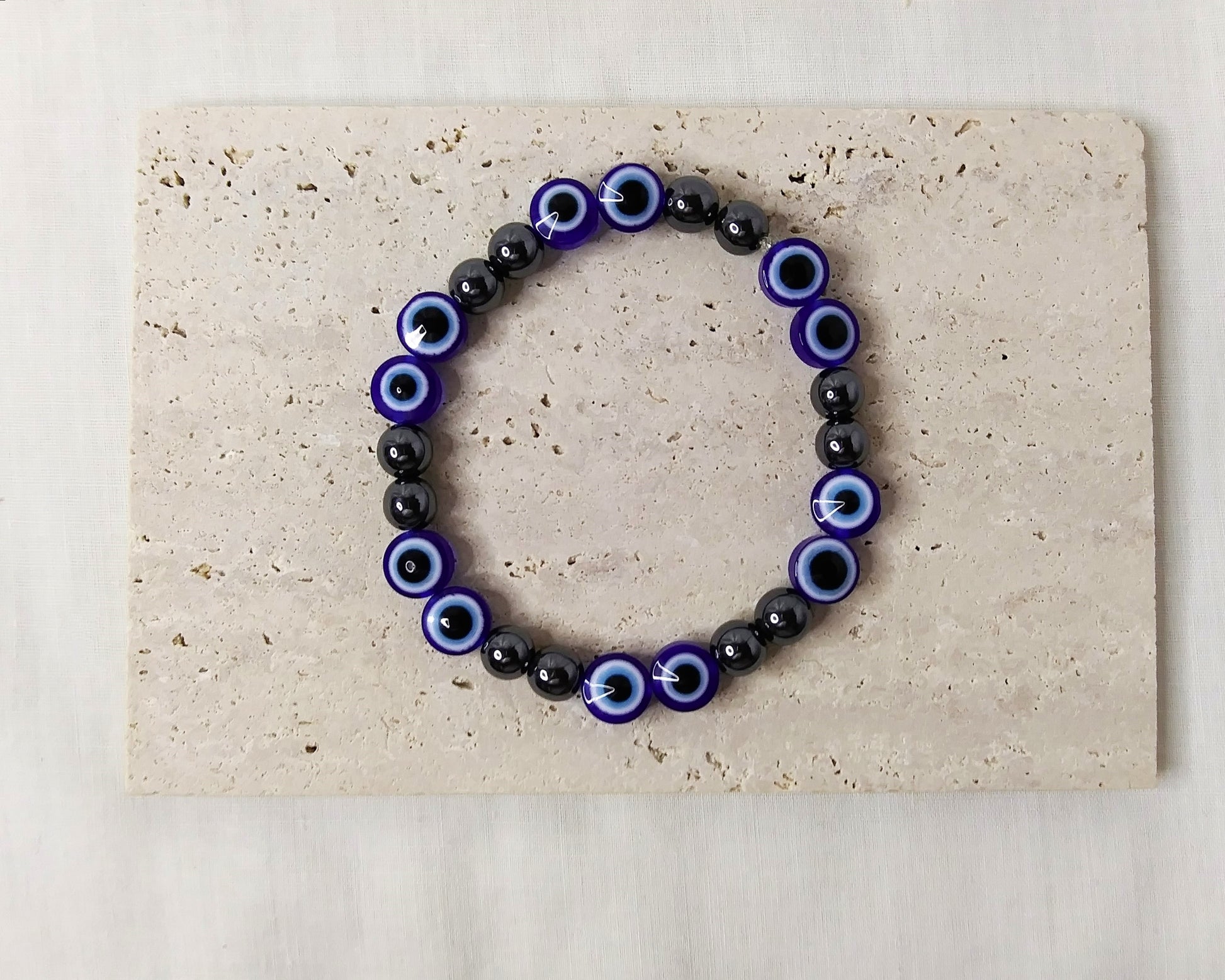Glass Beads, Hematite Beads stretch stackable evil eye bracelet