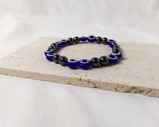 Glass Beads, Hematite Beads stretch stackable evil eye bracelet