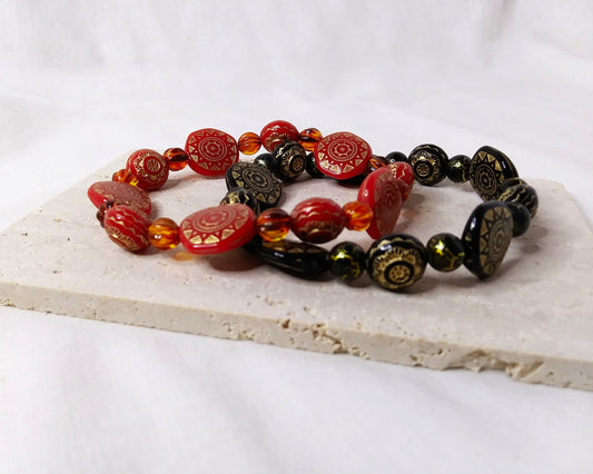 red and black tribal bead stretch stackable bracelet
