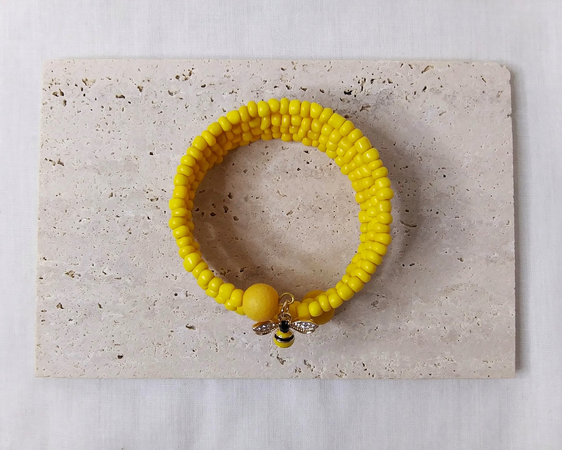 Glass Seed Beads, Small Bee Charm, yellow memory wire bracelet