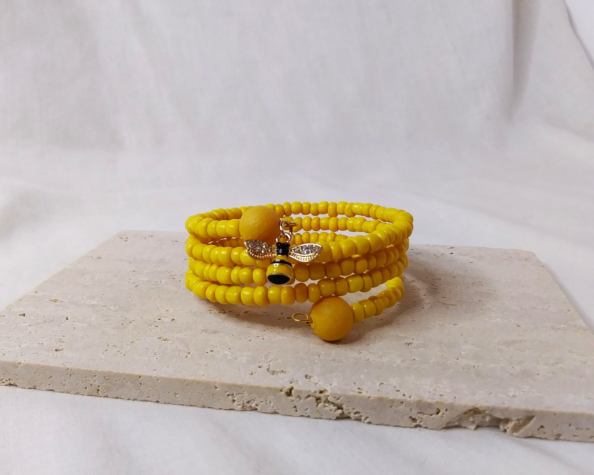 Glass Seed Beads, Small Bee Charm, yellow memory wire bracelet