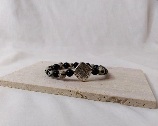Dalmatian Jasper Beads, Sterling silver-plated bead, Black plastic beads stretch stackable bracelet