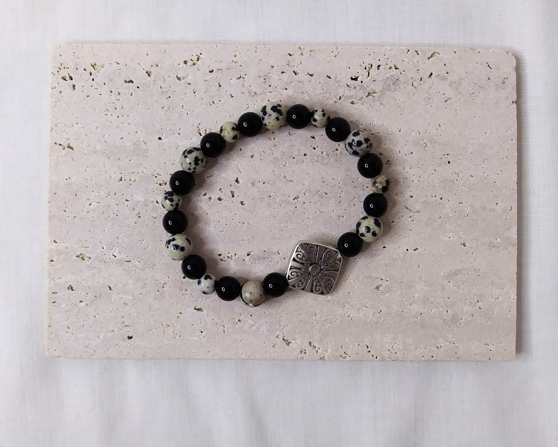 Dalmatian Jasper Beads, Sterling silver-plated bead, Black plastic beads stretch stackable bracelet
