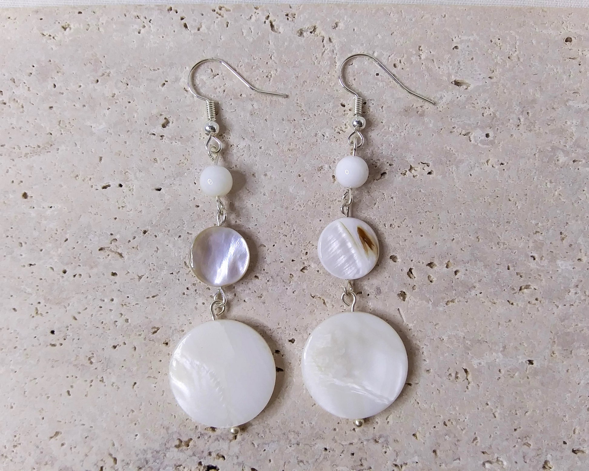 White Shell Bead earrings in silver