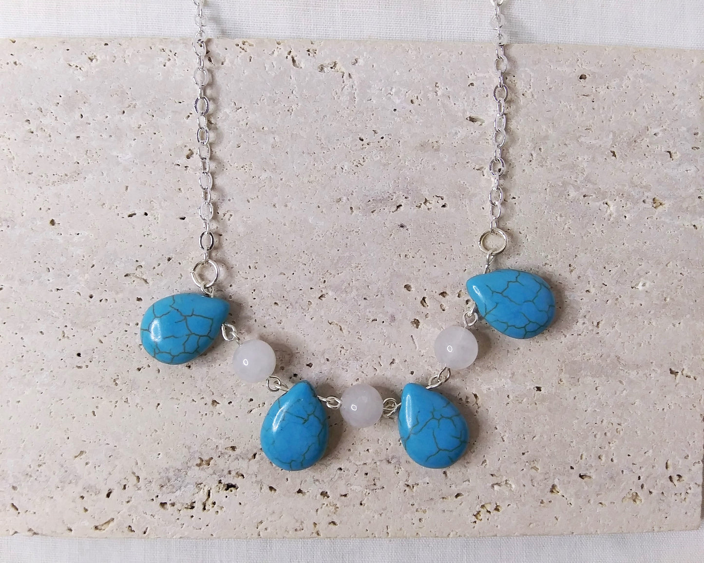 Turquoise Howlite teardrop stone, White Quartzite stone silver necklace